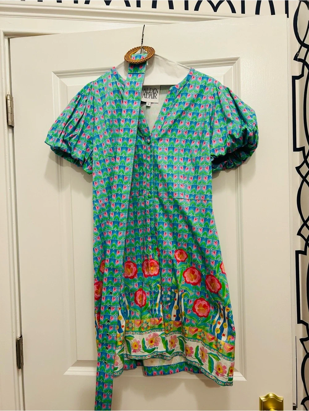 Alden Adair Bright Floral Border Tunic - Turquoise & Pink - M - $298 Original - Picture 4 of 7